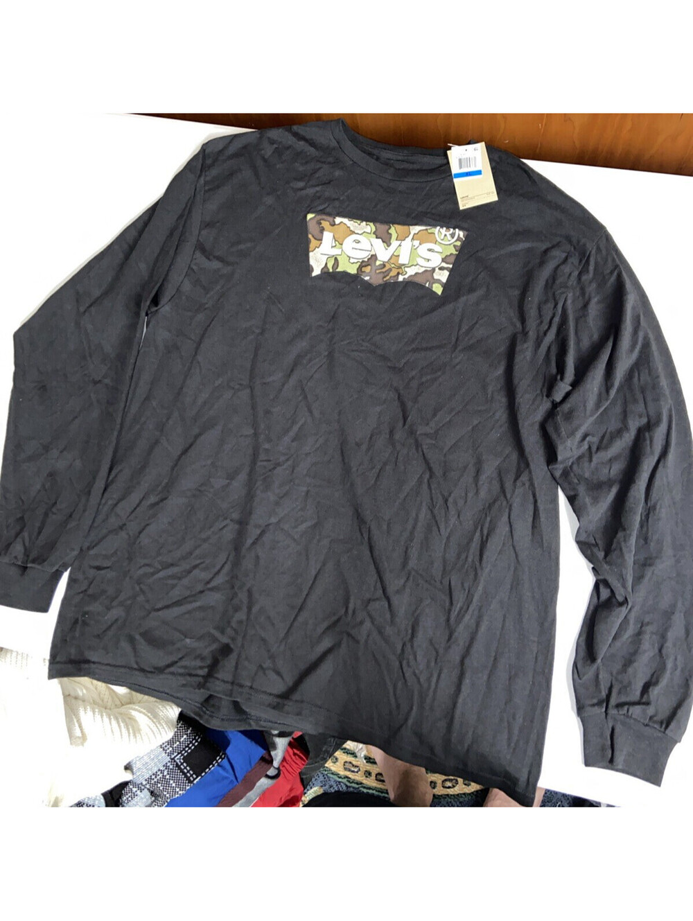 New Mens Levis Strauss Camo Logo Black Crew Neck Long Sleeve Tee T Shirt XL